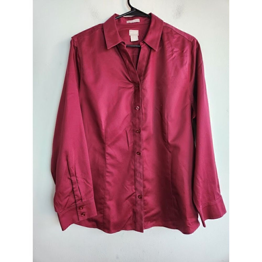 Chico's Women Maroon Red "No Iron" 100% Cotton Button Up Blouse size 2 or 12/14,
